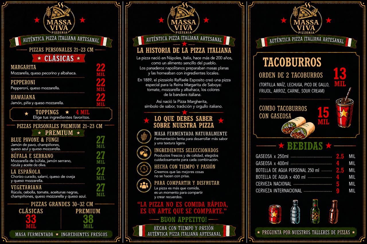 Menú completo Pizza MassaViva — Pizzas Clásicas, Premium y Bebidas